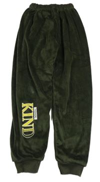 Tmavozelené plyšové tepláky s nápisem 