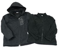 2v1 Černá šusťáková zateplená bunda s nápisem a kapucí + černá fleecová mikina Yigga