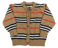 Hnědo-černo-červený pruhovaný propínací svetr 