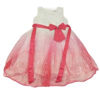 Bílo-růžové tylové slavnostní šaty s mašlí a páskem 