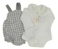 Nové - 2 set - bílé body + šedý kostkovaný kraťasový overal Matalan