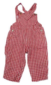 Červeno-růžové kostkované plátěné laclové kalhoty 