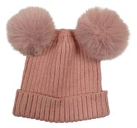 Růžová pletená čepice s bambulemi Matalan