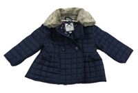 Tmavomodrý šusťákový prošívaný zateplený kabátek s kožešinovým límcem Jasper Conran