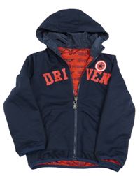 Tmavomodro-červená oboustranná jarní bunda s nápisem a kapucí 