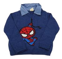 Tmavomodrý svetr se Spidermanem a košilovým límcem 