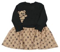 Černo-hnědé šaty s medvídkem a vzorovanou sukní Shein