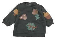 Antracitová mikina s listy a houbami 