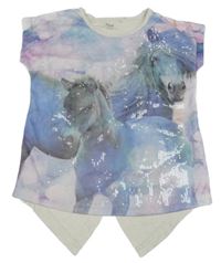 Smetanovo-modro-šedé tričko s koníky a flitry Yigga