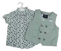 2set - Zelená melírovaná slavnostní vesta + bílo-zelená pruhovaná košile s dinosaury Next