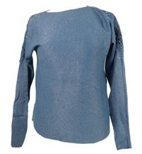 Dámský světlemodrý třpytivý svetr s krajkou a kamínky 