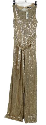 Dámský zlatý flitrový kalhotový společenský overal s páskem CBR 