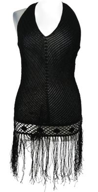 Dámská černá háčkovaná tunika s třásněmi s korálky MNG 