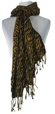 Dámská černo-zlatá vzorovaná šála s třásněmi H&M