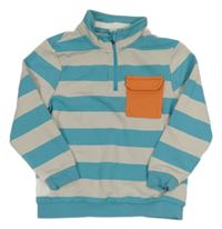 Azurovo-béžová pruhovaná mikina s kapsou Tu