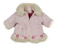 Světlerůžová zateplená manšestrová bunda s kytičkami a kožíškem 