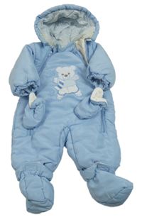 Modrá šusťáková zimní kombinéza s medvědem a kapucí+ rukavice+ capáčky