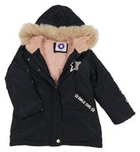 Tmavomodrá šusťáková zimní bunda s hvězdou a kapucí 