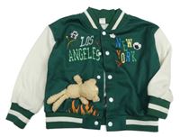 Zeleno-bílá baseballová mikina s 3D našitým medvědem shein