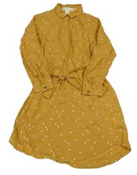 Hořčicové košilové šaty s kytičkami a páskem H&M