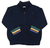 Tmavomodrý propínací svetr s pruhovanými lemy na rukávech Mayoral