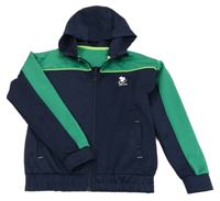 Tmavomodro-zelená sportovní propínací mikina s potiskem a kapucí 