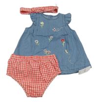 Nové - 3set - Modré riflové šaty s kytičkami + kostkovaná čelenka + kalhotky Nutmeg