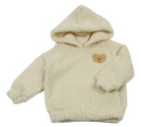 Smetanová huňatá mikina s medvídkem a kapucí