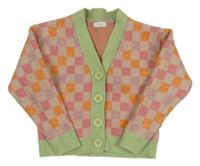 Světlerůžovo-oranžový kostkovaný propínací svetr se zelenými lemy Next 