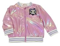 Růžová lesklá propínací baseballová mikina s kočkou 