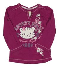 Malinovo-bílé triko s kočkou