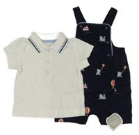 Nové- 2set - Tmavomodré plátěné laclové kraťasy s obrázky + bílé polo tričko Nutmeg