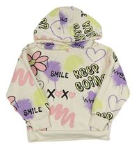 Smetanová mikina s nápisy a srdíčky a květy/smajlíky a barevnými skvrnkami a kapucí PRIMARK