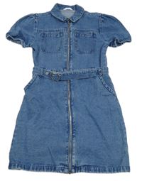 Modré riflové propínací šaty s límečkem a páskem Candy Couture