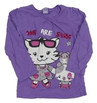 Tmavofialové triko s kočičkou a myškou a flitry Kiki&Koko