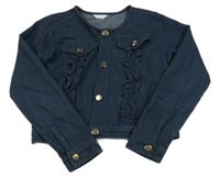 Tmavomodrá tepláková crop bunda riflového vzhledu s kanýrky Happy Colegi