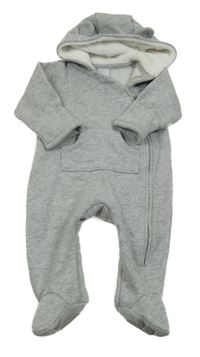 Šedá melírovaná teplá tepláková kombinéza s kapsou a medvídkem a kapucí s oušky LITTLE