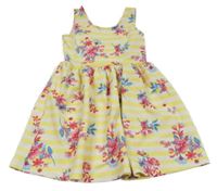 Žluto-bílé pruhované vzorované šaty s kytičkami NUTMEG