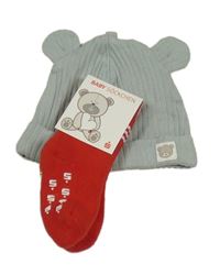 Nové - 2Set - Světlešedá žebrovaná čepice s medvídkem a oušky H&M + červené teplé s pruhy 