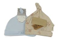 Nové - 2x - Čepice -Světlemodrá žebrovaná s medvídkem Rock -a-Bye Baby + béžová melírovaná s  měsíci a sluníčky 