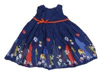 Tmavomodré šaty s budovami a holčičkami a mašli Mothercare