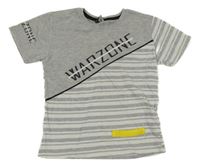 Šedo-bílo-olivovošedé pruhované melírované tričko s nápisem 