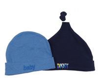 Nové - 2x - Čepice - modrá melírovaná s nápisem, tmavomodrá s logem DKNY