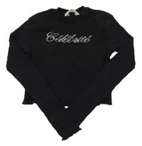 Černé žebrované crop triko s nápisem z kamínků H&M