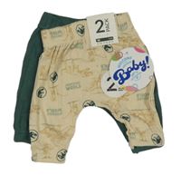 Nové - 2x - Žebrované turecké tepláky - Béžové s dinosaury, šalvějové PEPECO