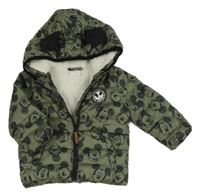 Khaki melírovaná prošívaná šusťáková zateplená bunda s Mickey a kapucí Disney