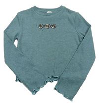 Modré melírované žebrované crop triko s květy a kamínky River Island