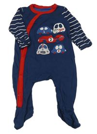 Tmavomodro-bílý overal s auty a pruhy na rukávech Mothercare