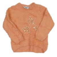 Broskvový chlupatý svetr s hvězdami z flitrů a perel