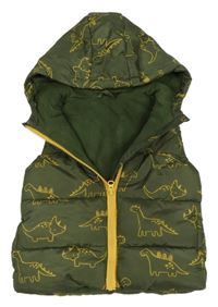 Khaki šusťáková zateplená vesta s dinosaury a kapucí Dunnes